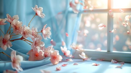 Peaceful Get Well Soon wish card with a light blue background delicate blossoms and soft sunlight streaming through a window A framed blank section allows space for personalized well wishes and names