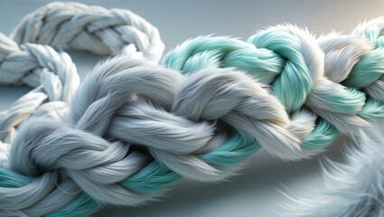 A highly detailed 3D render of intertwined, braid-like structures covered in ultra-soft, fur-textured fibers. The color palette consists of pure white, frosty gray, and hints of icy teal.