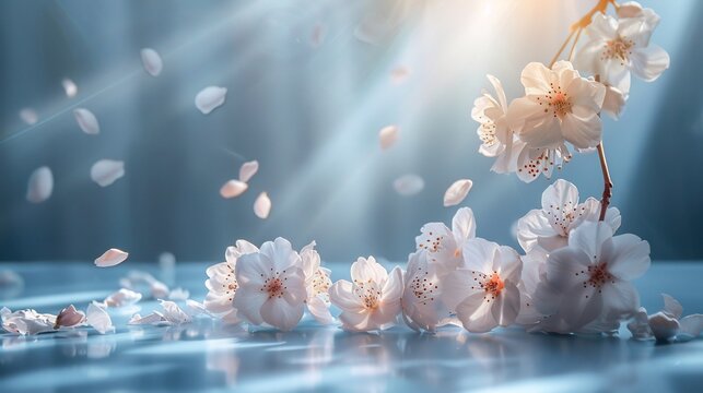 Peaceful Get Well Soon wish card with a light blue background delicate blossoms and soft sunlight streaming through a window A framed blank section allows space for personalized well wishes and names