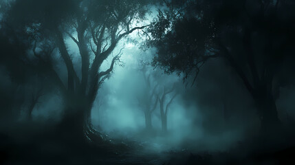 Fototapeta premium A haunting mist envelops dark trees, creating an ethereal atmosphere of mystery and serenity in the night. Haunting Sheen. Illustration