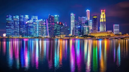 Fototapeta premium Nighttime cityscape with colorful reflections in water, showcasing modern architecture.