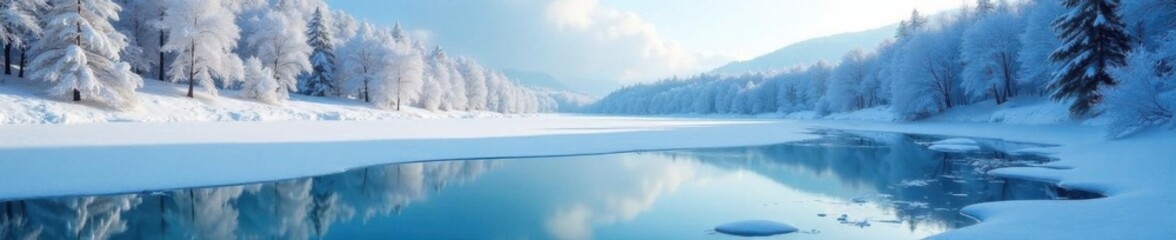 Frozen lake with icicles and snow-covered trees in the background,  winter scenery,  snow-covered trees