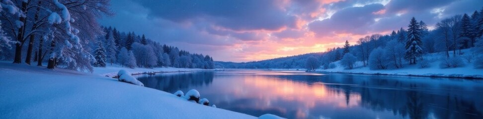 Frozen Lake with Snow-covered Trees and Stars,  icy scene,  frozen