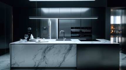Sophisticated kitchen interior design with marble island and sleek metallic finishes
