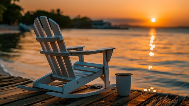 Peaceful retirement wish card featuring sunset view over calm beach rocking chair warm cup of coffee card carefully placed wooden table offering blank section write personalized farewell message - Powered by Adobe