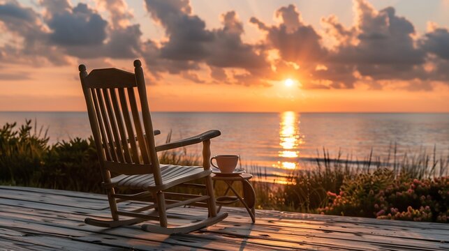 Peaceful retirement wish card featuring sunset view over calm beach rocking chair warm cup of coffee card carefully placed wooden table offering blank section write personalized farewell message - Powered by Adobe