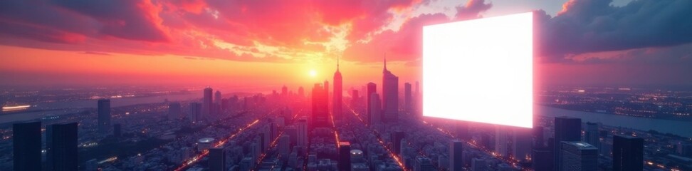 Futuristic cityscape at sunset with abstract white square shape floating in the air, technology, sky