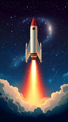 Spacecraft Launch Through Starry Night Cloudscape