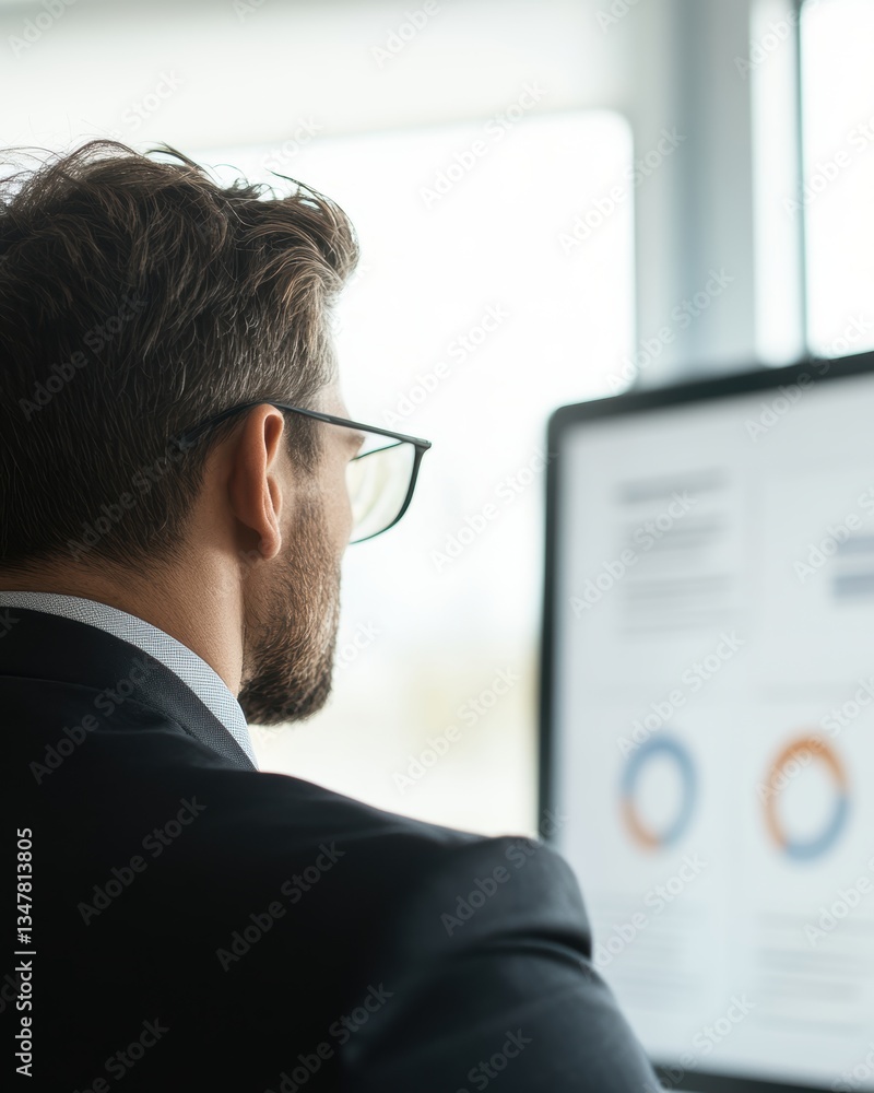Poster business professional analyzing data on computer screen in office environment focused viewpoint