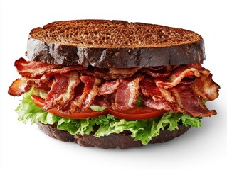 Delicious bacon sandwich with fresh lettuce and tomatoes, served on hearty brown bread, perfect for food lovers and culinary enthusiasts