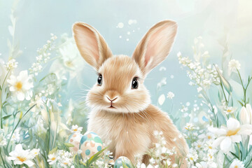 Cute easter bunny sitting in flowers with painted eggs