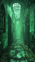 Fototapeta premium Overgrown, abandoned hallway bathed in green light.