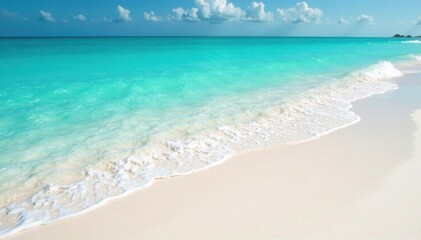 Obraz premium Gentle ocean waves caress pristine white sandy beach with crystal clear turquoise water, coastal, beach, landscape