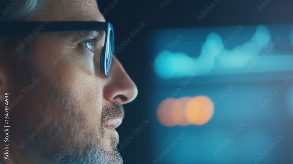 Poster data analyst analyzing metrics office portrait professional close-up insightful technology concepts