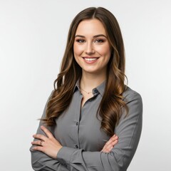 Obraz premium Professional headshot of young woman in grey button-up shirt with arms crossed and bright smile