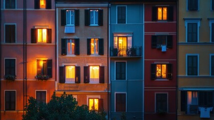 A vibrant cityscape at dusk, showcasing illuminated apartment windows.