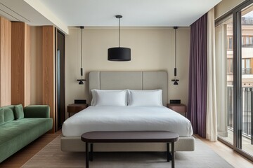 A modern bedroom decorated with stylish furniture and contemporary features