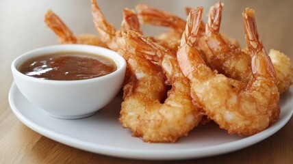 Golden Fried Shrimp with Dipping Sauce Served on a Plate