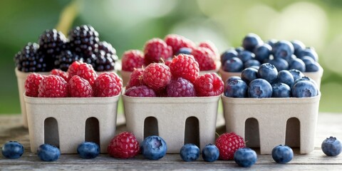 Fresh assortment of blackberries, raspberries, and blueberries in eco-friendly containers at a local market