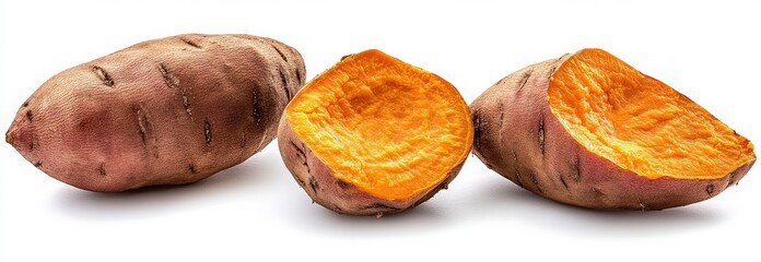 Sweet potatoes whole, sliced, and roasted on white background
