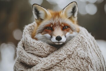 Fototapeta premium Portrait of a red fox wrapped in a cozy knitted scarf, showcasing winter wildlife in a serene, natural setting.