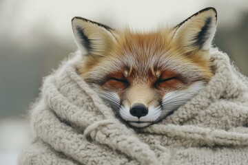 Fototapeta premium Tranquil Red Fox Wrapped in Cozy Knit Scarf, Eyes Closed in Peaceful Slumber, Soft Natural Light