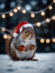 Festive squirrel with a Santa hat, surrounded by winter lights.