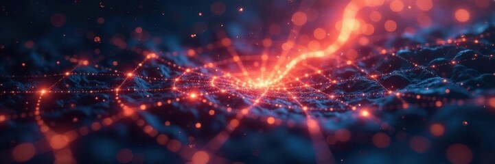 Glowing particles dancing amidst a web-like structure,  hologram,  glow