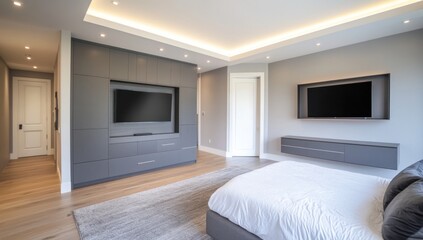 A modern bedroom showing built in tv and a comfortable bed