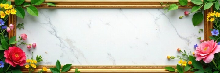 Golden frame on a marble background with lush greenery and colorful flowers,  nature,  luxury,  marble