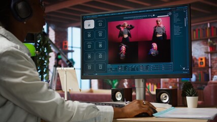 Woman in home office using AI software turning text prompt into photos. Person in apartment using...