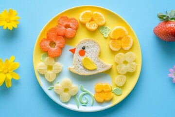 Colorful Arrangement of Fruit on Plate Shaped Like a Bird Surrounded by Flowers on Blue Background