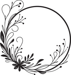 Round Frame with Abstract Flowers – Line Art Black Vector
