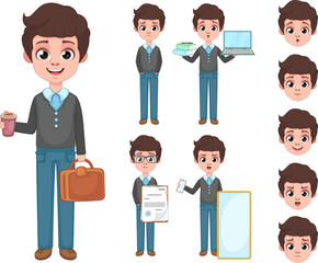 Obraz premium Office Worker Character Set. Businessman with Different Emotions and Office Items