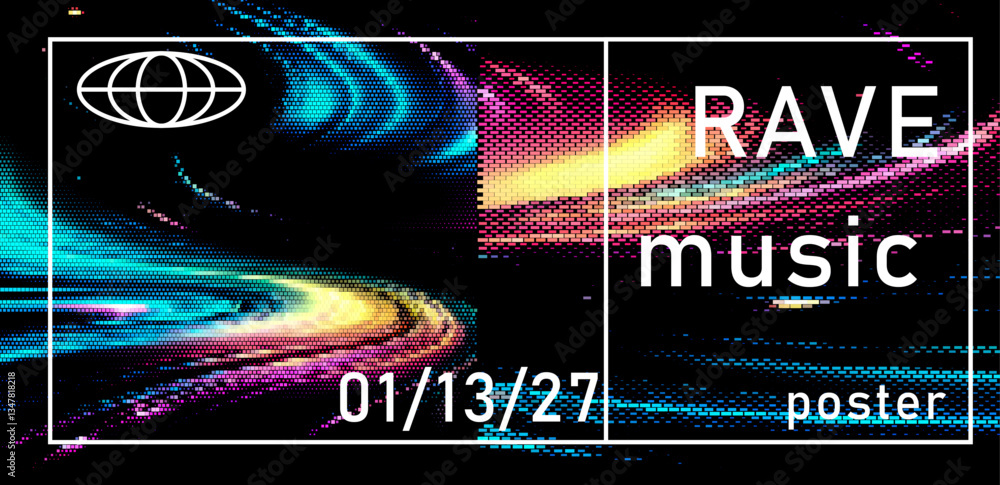 Poster Vibrant rave poster with glitchy, pixelated patterns and bold typography. Features dynamic color blocks and an abstract digital aesthetic, emphasizing an energetic, modern music vibe.