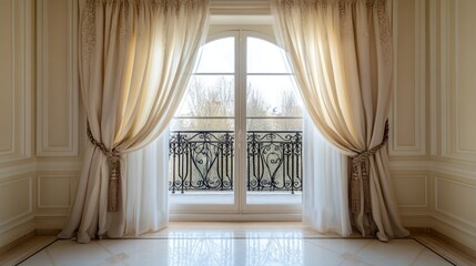 Elegant window with sheer curtains overlooking a balcony and serene landscape.