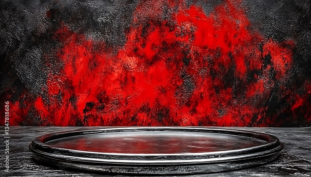 Poster a shiny metallic circular platform stands against a textured red backdrop