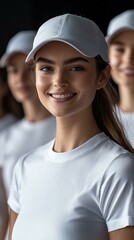 Smiling woman volunteers with supporting team wearing white shirts and hats, representing teamwork, collaboration, giving back to community, volunteering, charity, service.