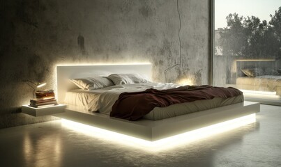 Illuminated modern bedroom featuring a low platform bed with bedding