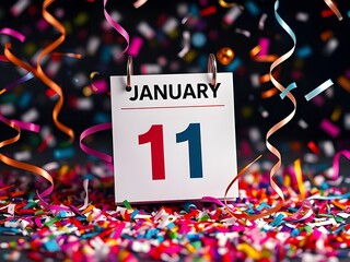 January 11th Calendar with Confetti and Ribbons Celebration, New Year, Festive, Event Background.