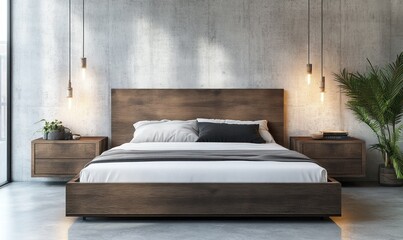 A modern bedroom shows an inviting bed with stylish decor