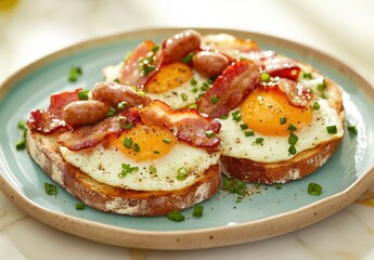 Delicious Breakfast Plate with Fried Eggs, Crispy Bacon, Sausages, and Fresh Chives Served on Toasted Bread in a Bright Kitchen Setting