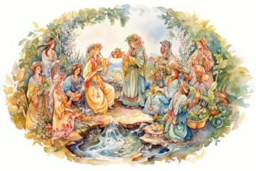 Obraz premium scene of a folk festival, made in watercolor technique. In the center of the composition are several women in traditional dresses, decorated with flower wreaths. 