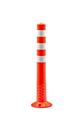 Bright Red Traffic Cone with Reflective Stripes Used for Safety and Navigation in Construction or...