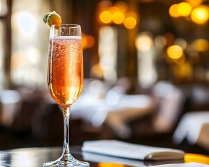 A beautifully crafted cocktail served in an elegant glass, topped with a citrus garnish, reflecting warm ambient light for a delightful atmosphere.