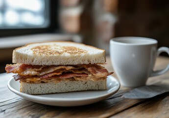 Delicious breakfast sandwich with crispy bacon stacked between toasted bread beside a cup of coffee on a rustic wooden table in a cozy cafe setting