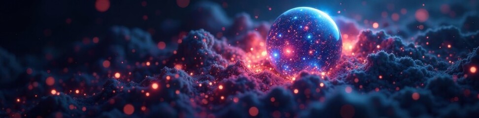 Iridescent sphere of digital energy coalescing with a dark nebula background ,  cosmos,  space