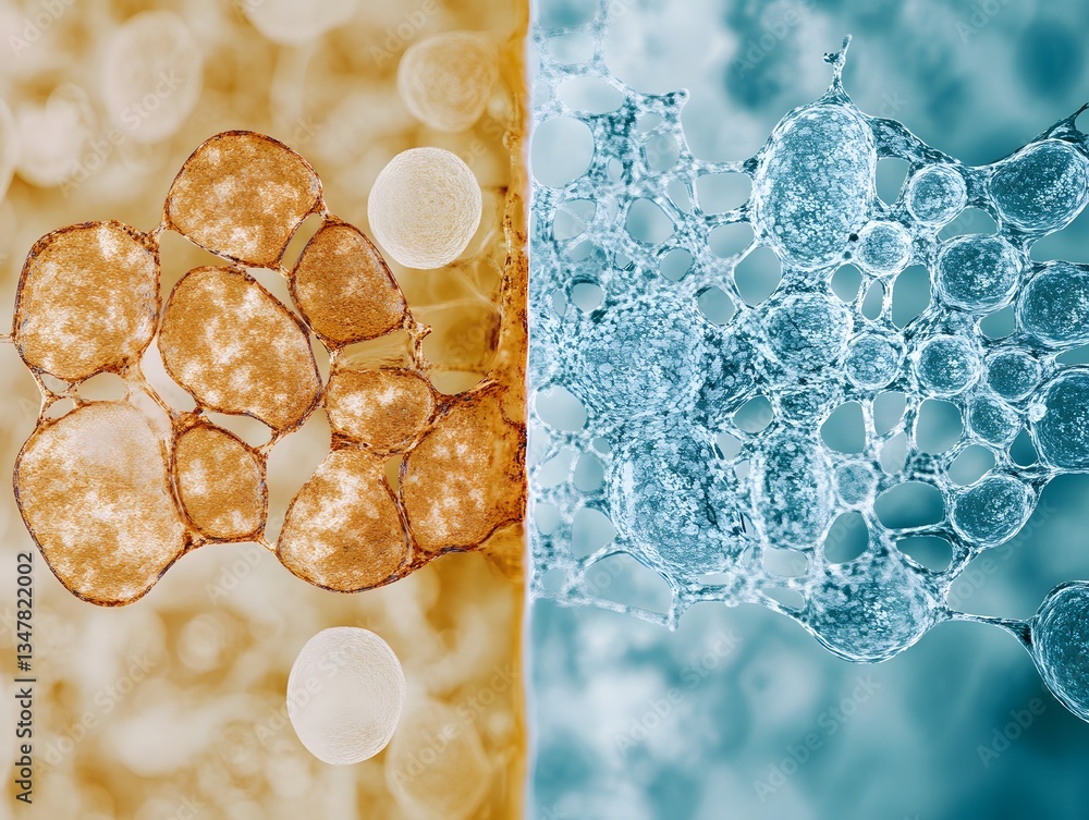 Poster a captivating micrograph showcasing cellular structures in distinct colors, illustrating the contras