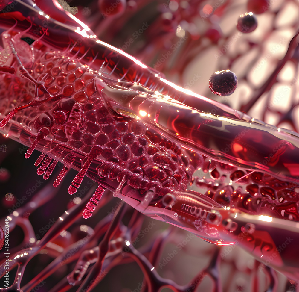 Poster abstract microscopic network with red filaments and white structures