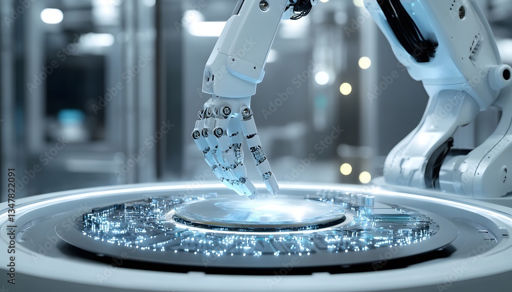 Poster a close-up of a futuristic robotic hand interacting with a glowing interface, symbolizing advanced t